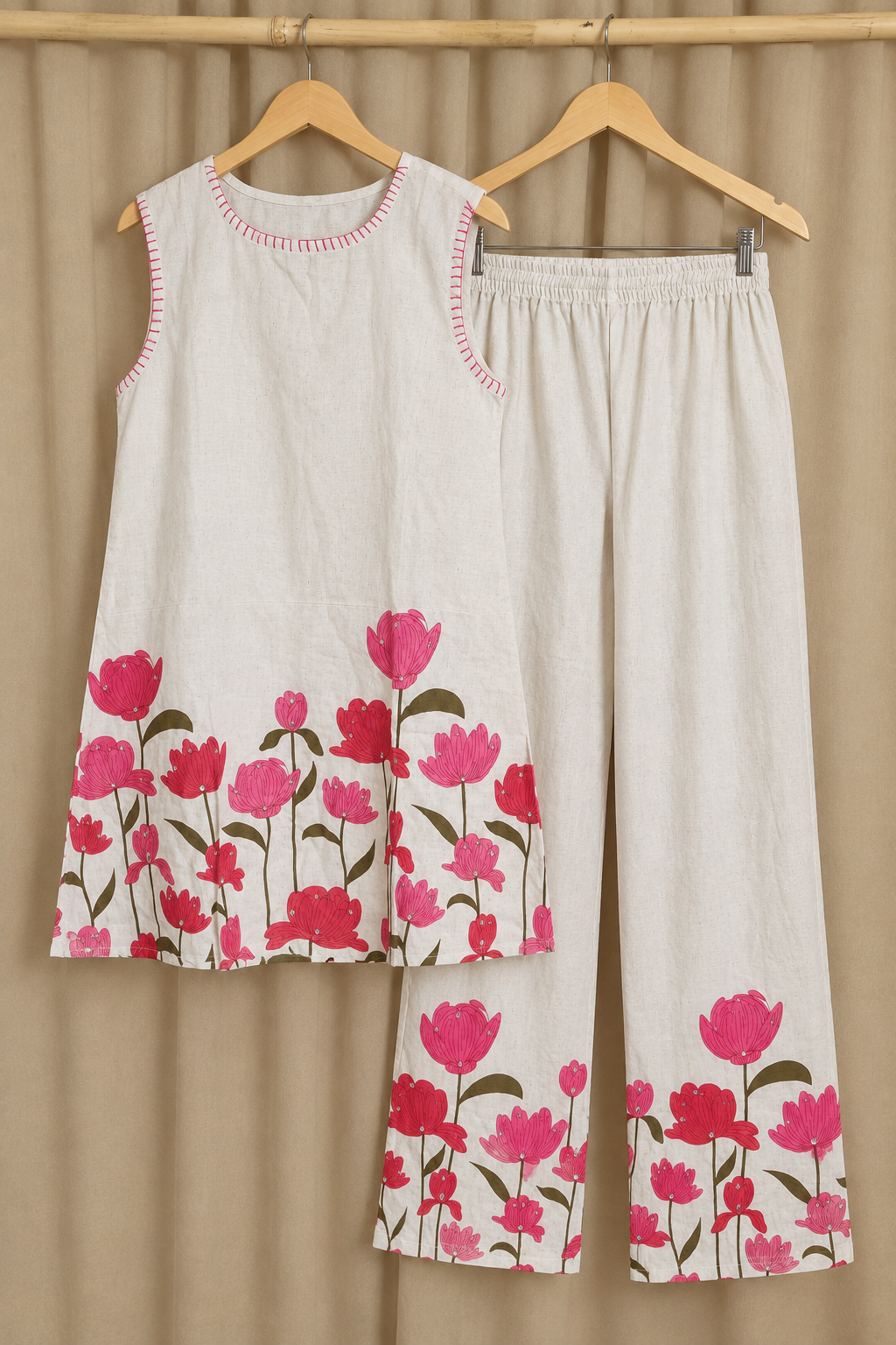 Pink Tulip Print Sleeveless Co-ord Set