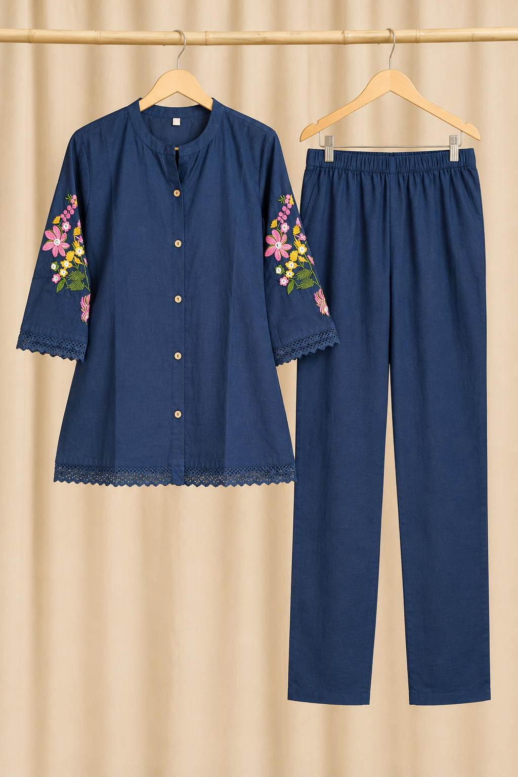 Navy Blue Back Floral Embroidered Co-ord Set