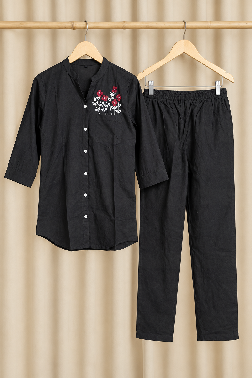 Black Floral Pocket Embroidered Co-ord Set