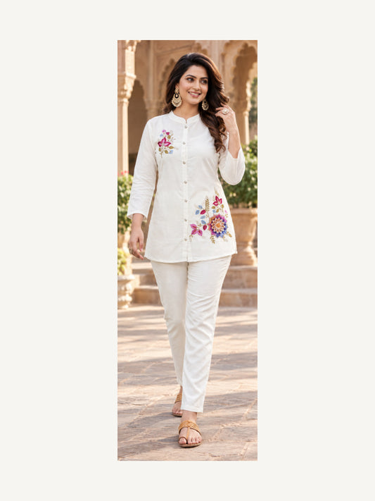 Ivory Floral Embroidered Rayon Co-ord Set